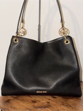 Michael Kors Black Pebbled Leather Shoulder Bag with Gold Accents